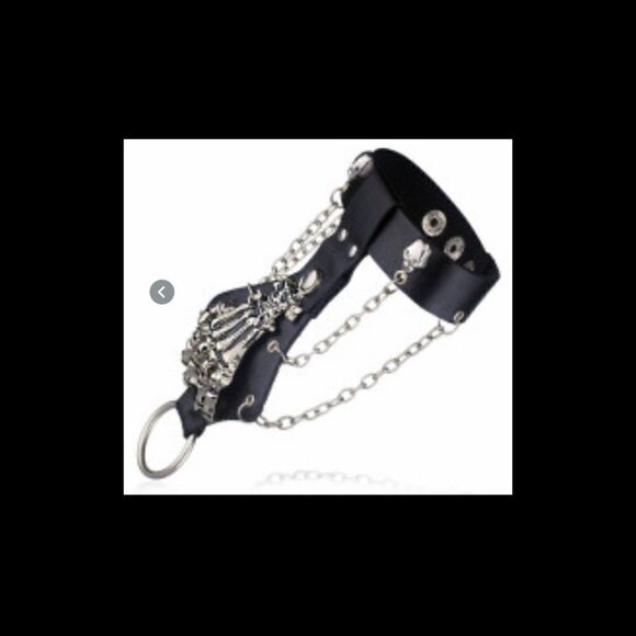 Unisex skeleton skull hand glove chain link leather with finger hold . - Picture 5 of 6